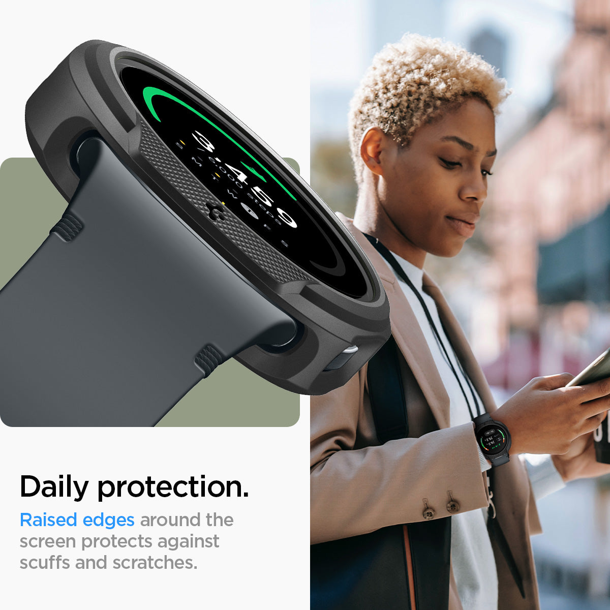 ACS09839 - SWi-dj Liquid Air showing raised edge protection detail with lifestyle shot of woman wearing the cased watch outdoors