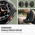 ACS11610 - Watch Ultra (47mm) Liquid Air in Matte Black showing multiple views of a Galaxy Watch Ultra 2 with a protective case and a person wearing the watch outdoors.