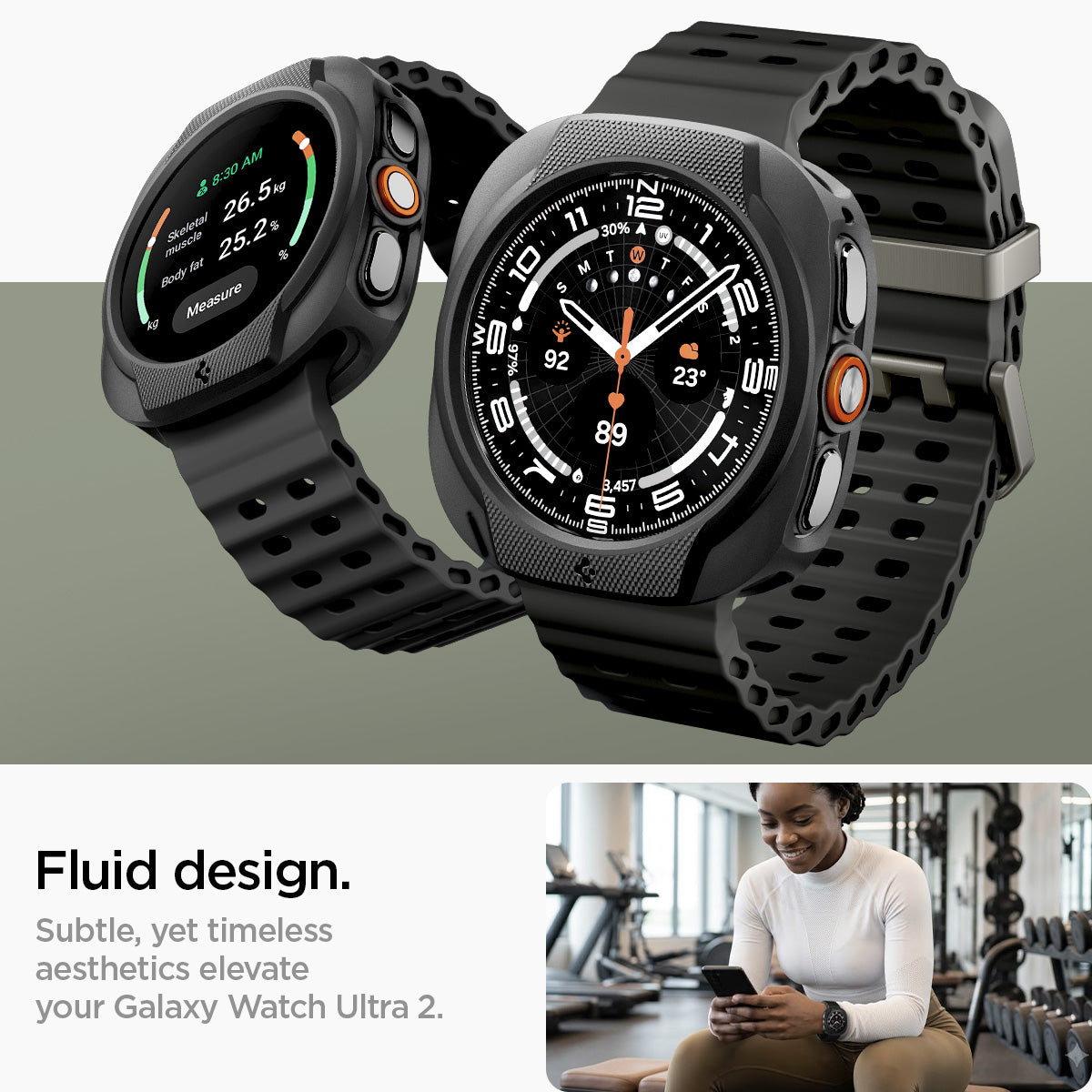 ACS11610 - Watch Ultra (47mm) Liquid Air in Matte Black showing two angled views of a smartwatch with a textured protective case and a person wearing it at the gym.
