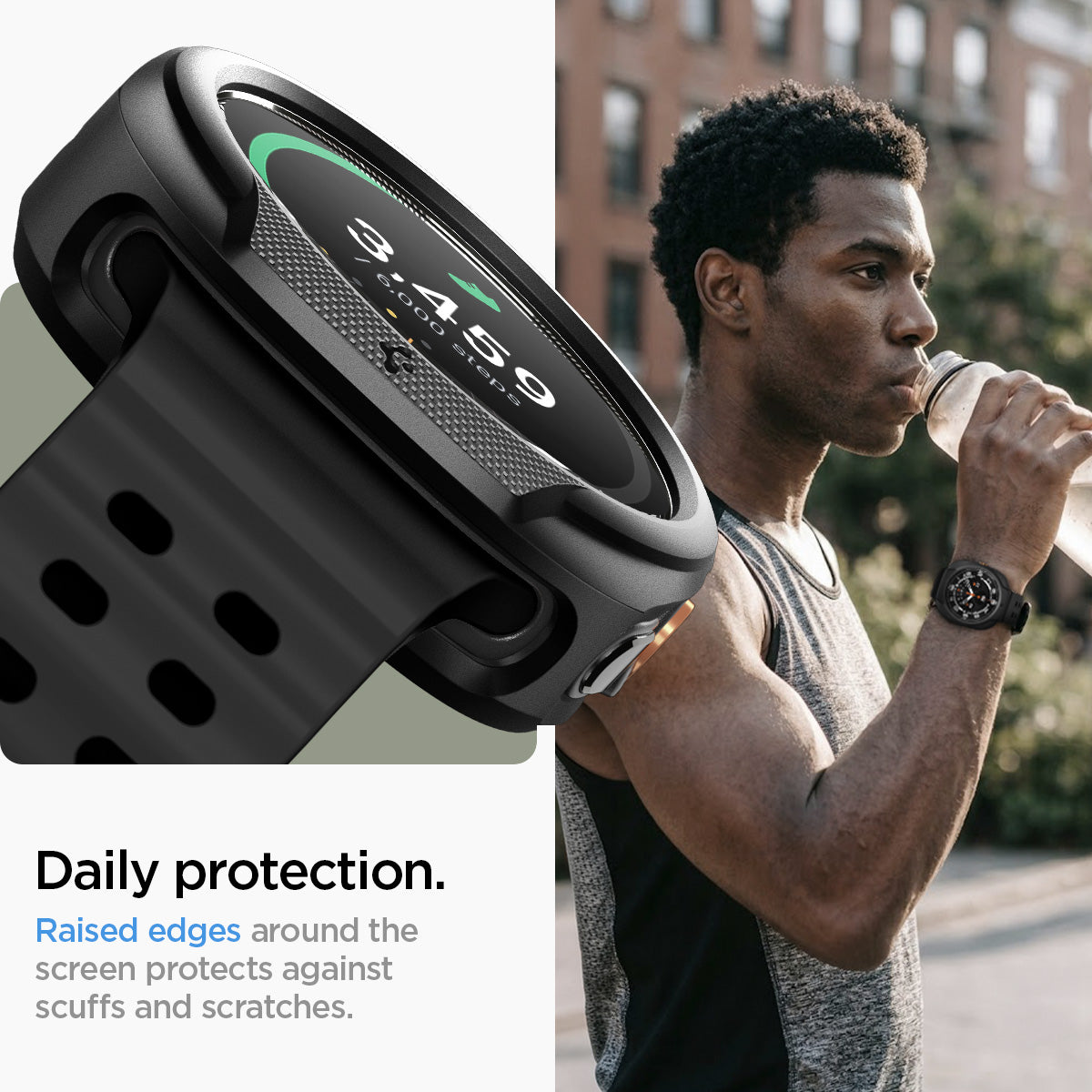 ACS11610 - Watch Ultra (47mm) Liquid Air in Matte Black showing a close-up of a smartwatch's raised protective bezel alongside a person wearing the watch while drinking water.