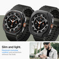 ACS11610 - Watch Ultra (47mm) Liquid Air in Matte Black showing a comparison of a smartwatch with and without a protective case alongside a person using the watch outdoors.