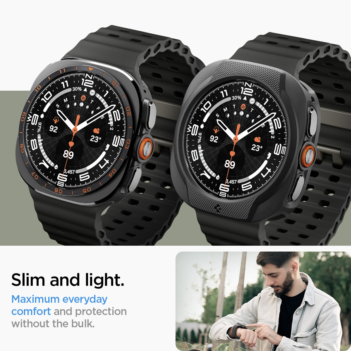 ACS11610 - Watch Ultra (47mm) Liquid Air in Matte Black showing a comparison of a smartwatch with and without a protective case alongside a person using the watch outdoors.