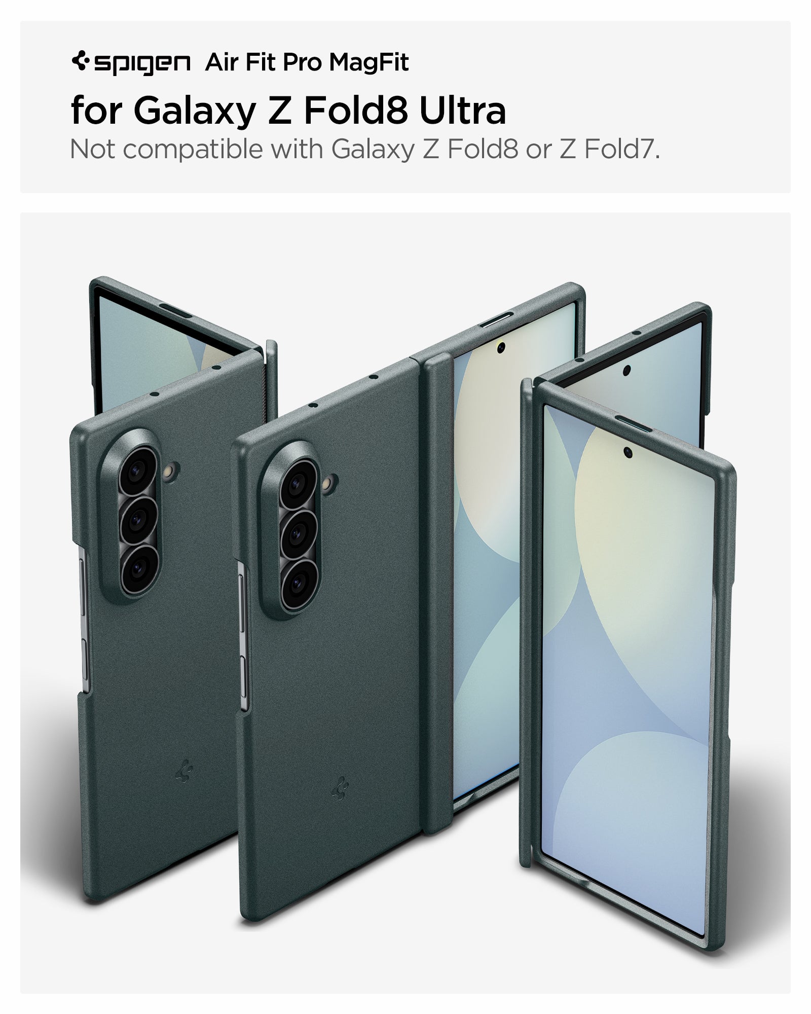 ACS11493 - Galaxy Z Fold 8 Ultra Air Fit Pro (Mag Fit) Abyss Green showing the Air Fit Pro MagFit product title graphic for Galaxy Z Fold 8 Ultra, alongside multiple angled views of the case in folded, unfolded, and back positions