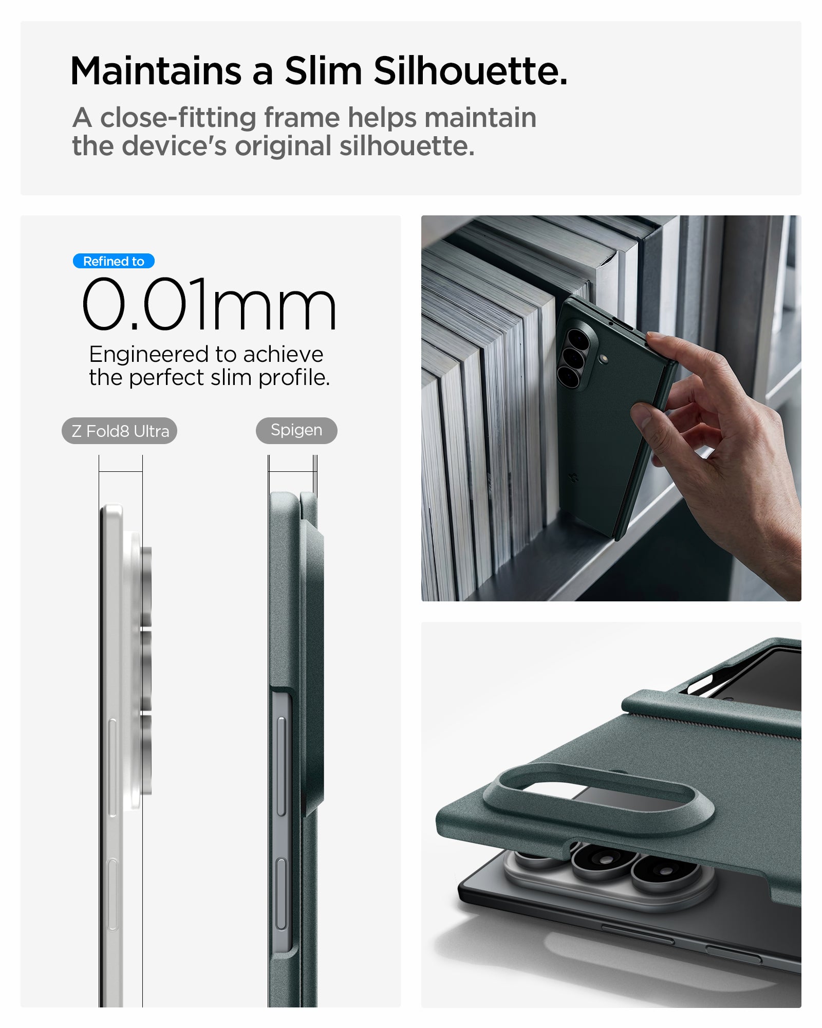 ACS11493 - Galaxy Z Fold 8 Ultra Air Fit Pro (Mag Fit) Abyss Green showing the "Maintains a Slim Silhouette" graphic, comparing the side profile thickness of the bare Galaxy Z Fold 8 Ultra and the Spigen-cased version at 0.01mm difference, alongside a lifestyle photo of the case