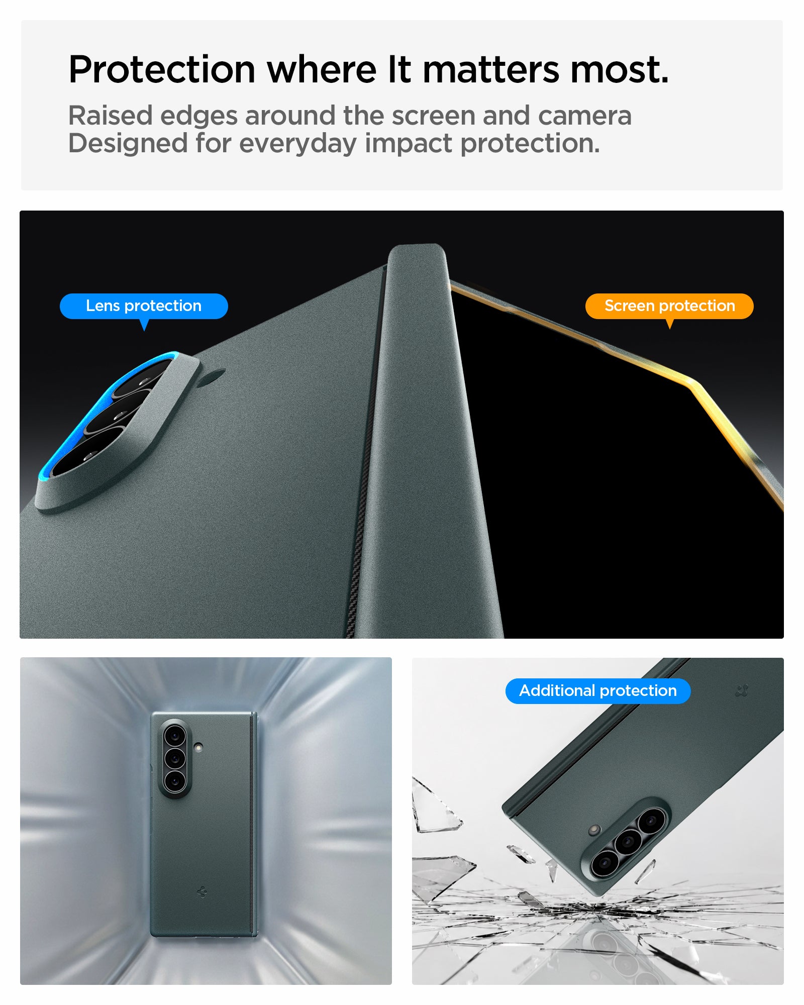 ACS11493 - Galaxy Z Fold 8 Ultra Air Fit Pro (Mag Fit) Abyss Green showing the "Protection where It matters most" graphic, highlighting raised screen and lens protection edges, alongside images of the case's shock-dispersing design and a phone falling near broken glass.
