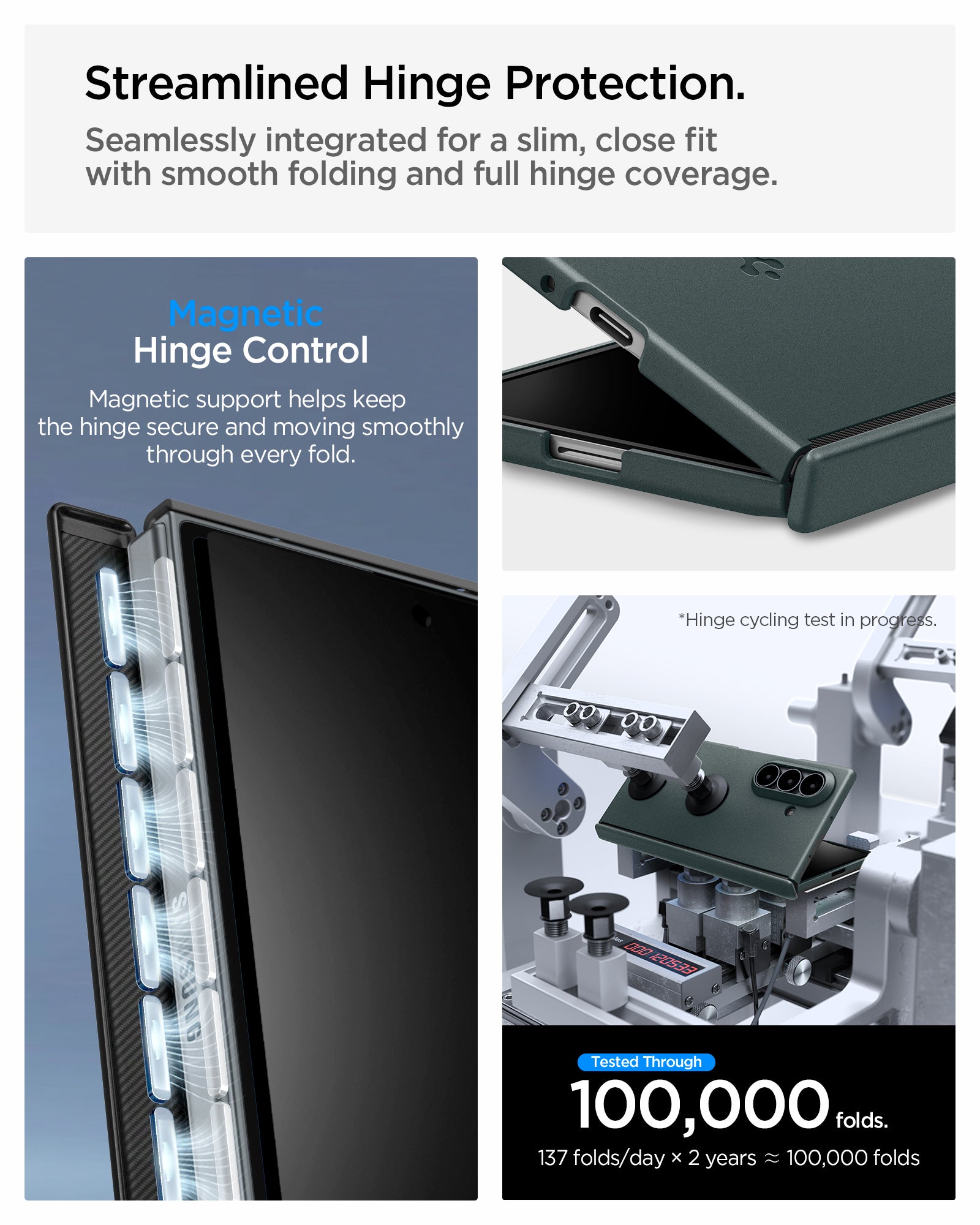 ACS11493 - Galaxy Z Fold 8 Ultra Air Fit Pro (Mag Fit) Abyss Green showing the "Streamlined Hinge Protection" graphic, illustrating magnetic hinge control with magnetic field visualization, a close-up of the hinge folding, and a hinge durability test setup