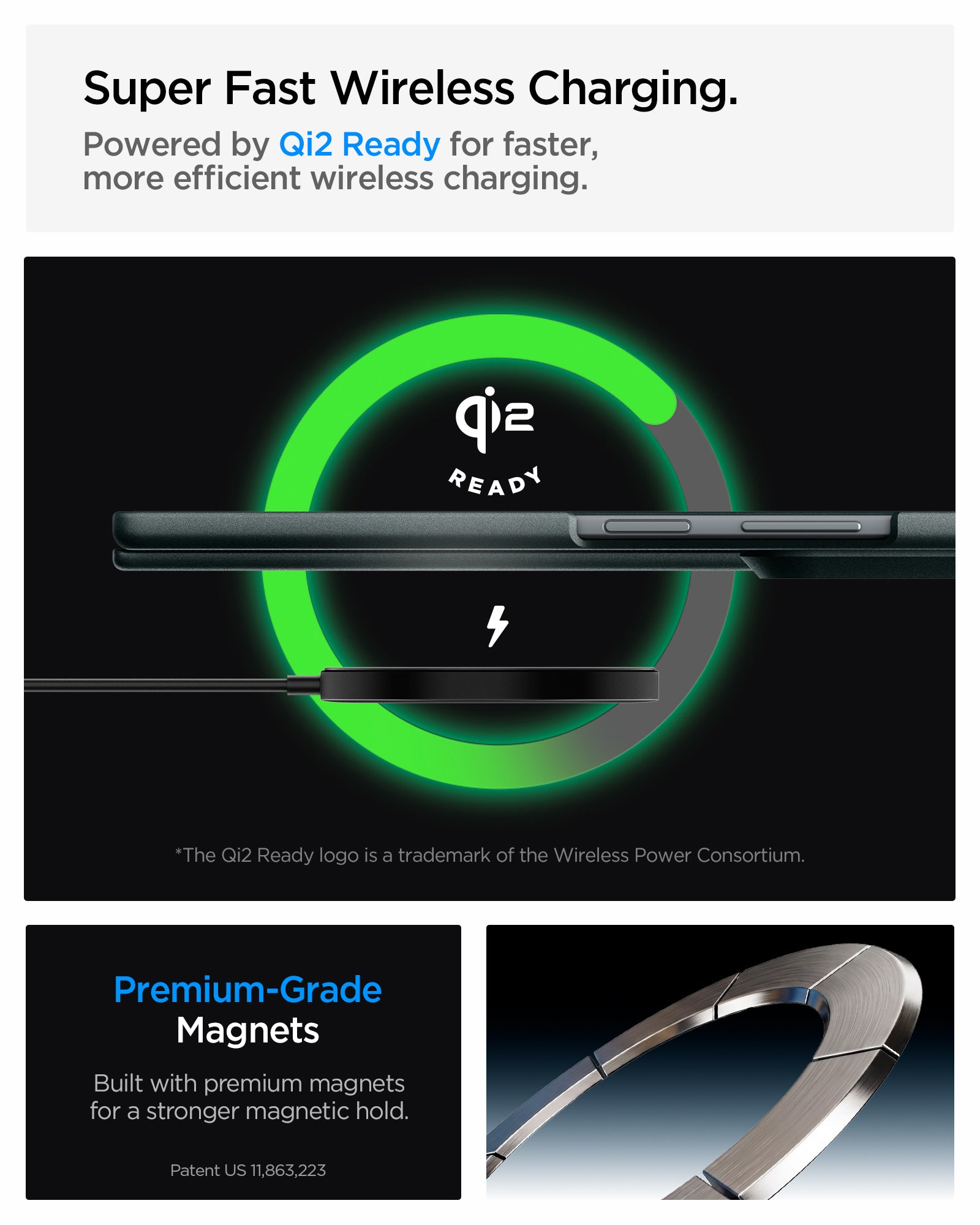 ACS11493 - Galaxy Z Fold 8 Ultra Air Fit Pro (Mag Fit) Abyss Green showing it is Qi2 Ready for super fast wireless charging
