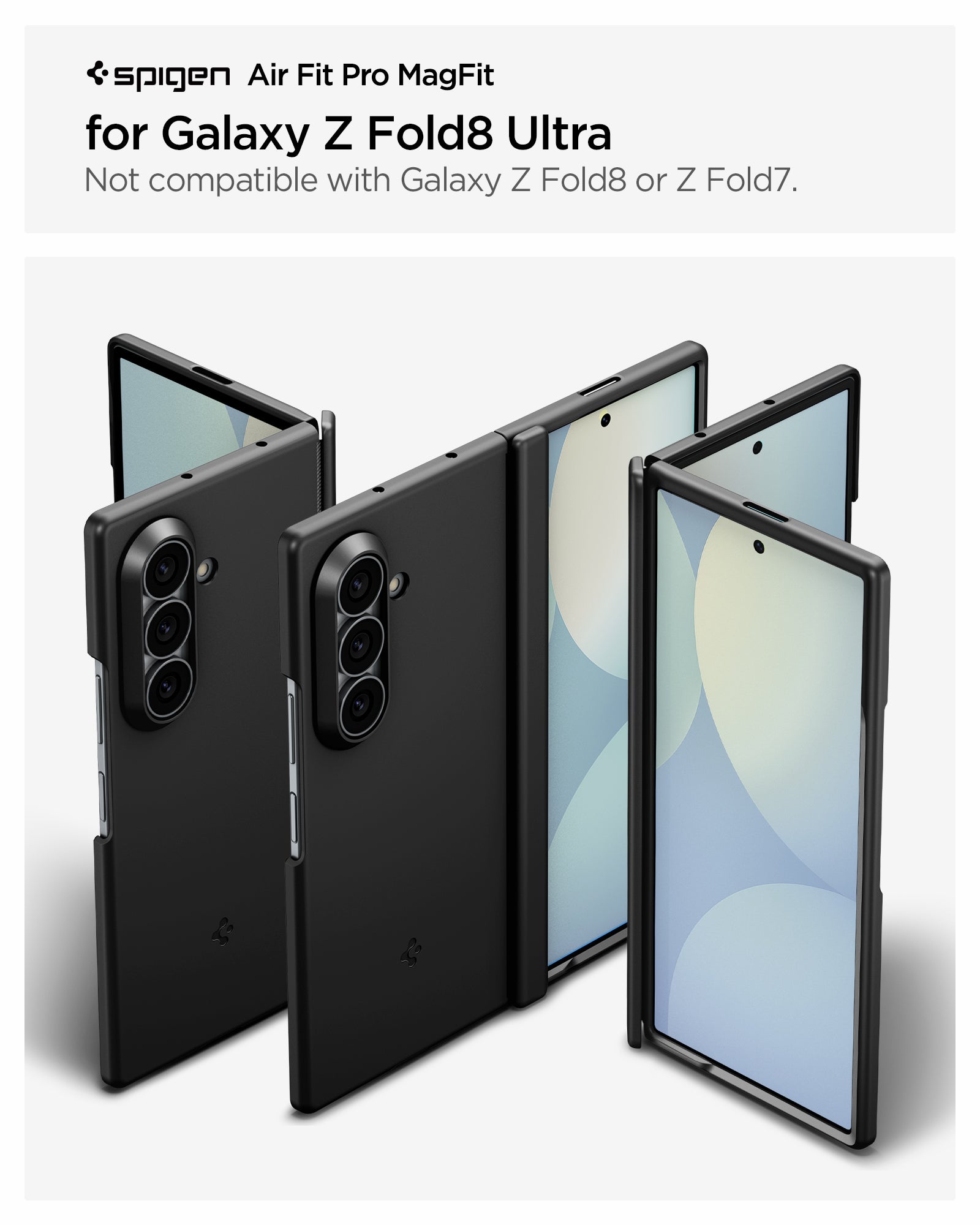 ACS11492 - Galaxy Z Fold 8 Ultra Air Fit Pro (Mag Fit) Black showing the Air Fit Pro MagFit product title graphic for Galaxy Z Fold 8 Ultra, alongside multiple angled views of the case in folded, unfolded, and back positions, noting it is not compatible with Galaxy Z Fold