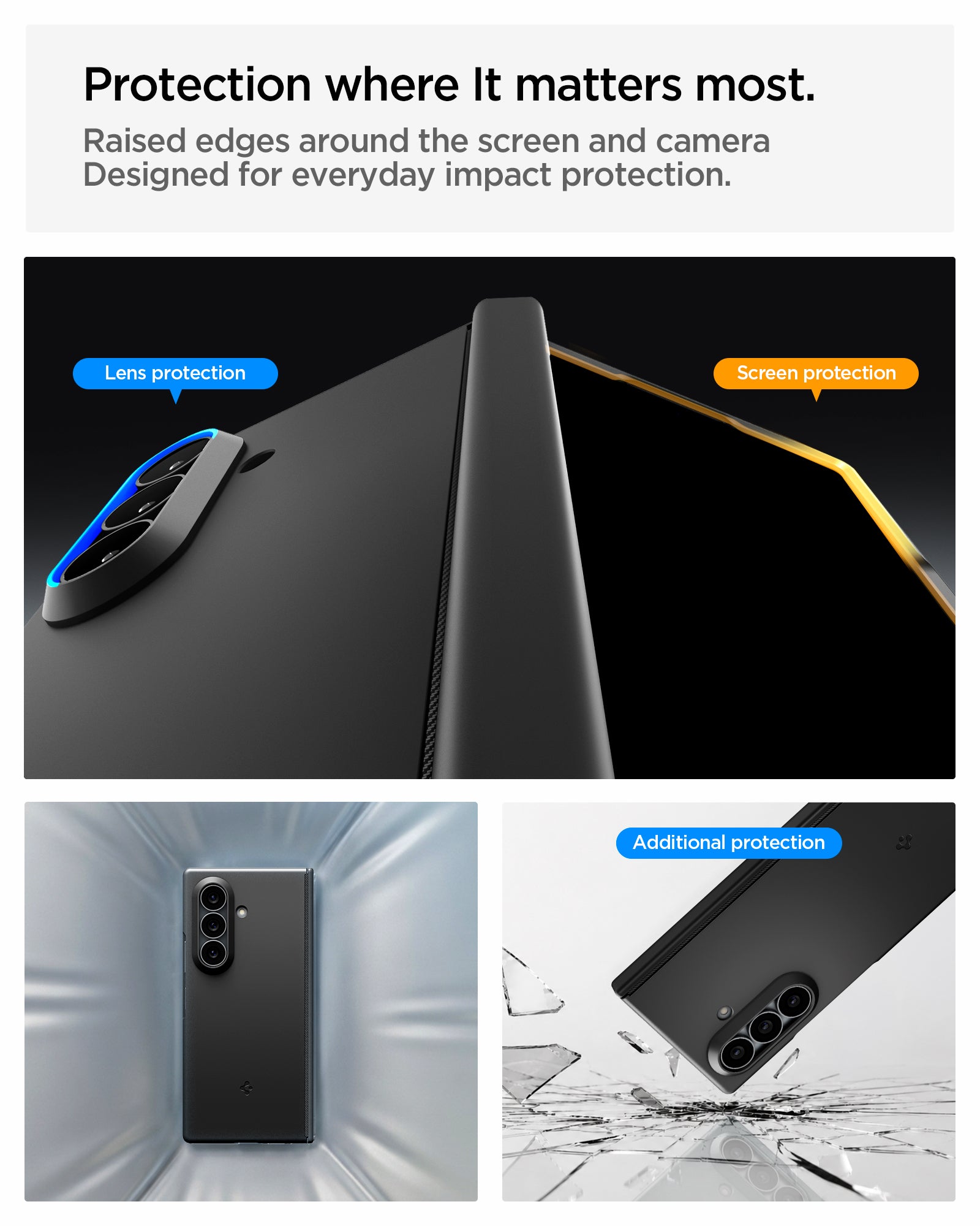 ACS11492 - Galaxy Z Fold 8 Ultra Air Fit Pro (Mag Fit) Black showing the "Protection where It matters most" graphic, highlighting raised screen and lens protection edges, alongside images of the case's shock-dispersing design and a phone falling near broken glass.