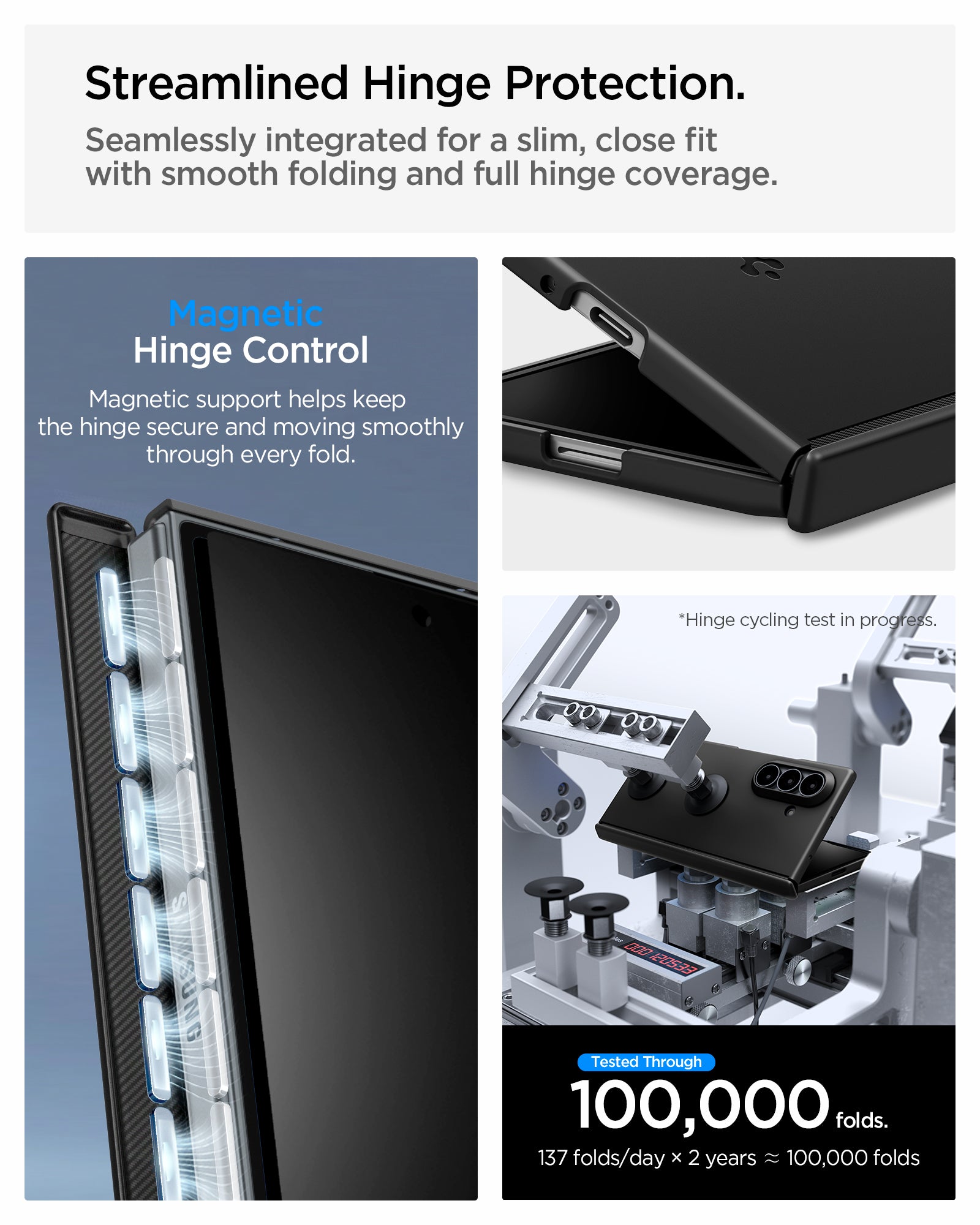 ACS11492 - Galaxy Z Fold 8 Ultra Air Fit Pro (Mag Fit) Black showing the "Streamlined Hinge Protection" graphic, illustrating magnetic hinge control with magnetic field visualization, a close-up of the hinge folding, and a hinge durability test setup