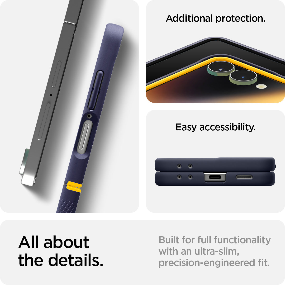 ACS09563 - Galaxy Z Flip 7 Case Nano Pop (MagFit) in blueberry navy showing the additional protection and easy accessibility. All about the details. Built for full functionality with an ultra-slim, precision-engineered fit
