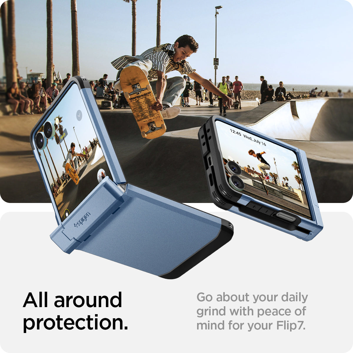 ACS09562 - Galaxy Z Flip 7 Case Tough Armor Pro (MagFit) in sierra blue showing the all around protection. Go about your daily grind with peace of mind for your device