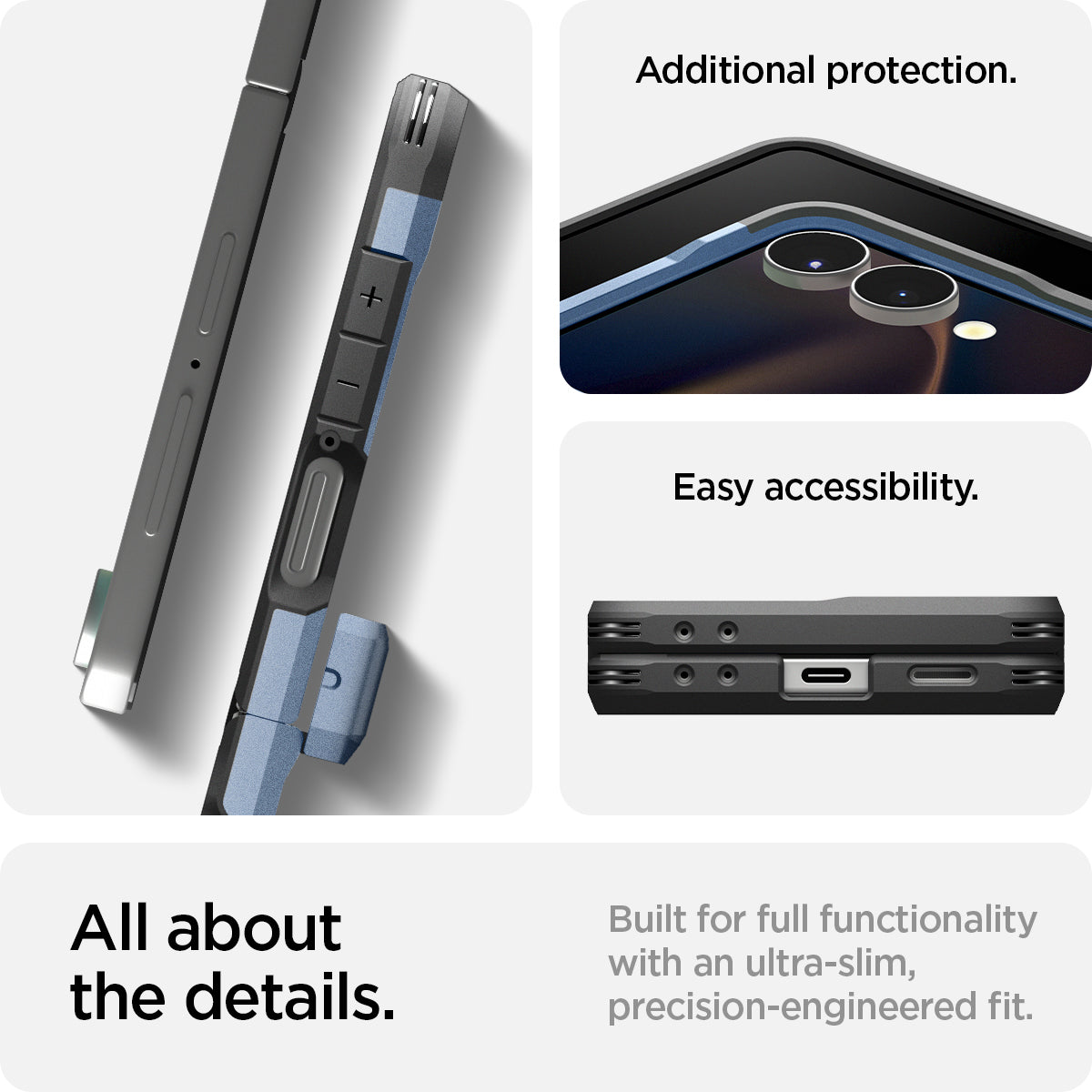 ACS09562 - Galaxy Z Flip 7 Case Tough Armor Pro (MagFit) in sierra blue showing the additional protection and easy accessibility. All about the details. Built for full functionality with an ultra-slim, precision-engineered fit