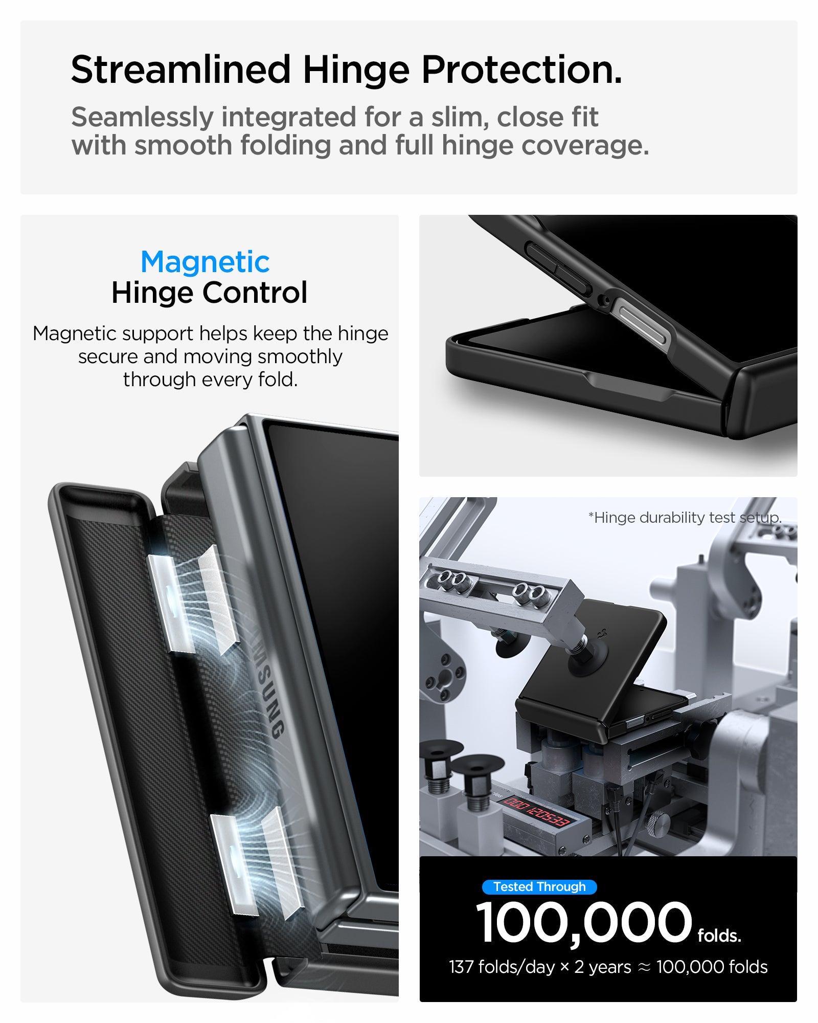 ACS11511 - Galaxy Z Flip 8 Series - Air Fit Pro (Mag Fit) showing the "Streamlined Hinge Protection" graphic, illustrating magnetic hinge control with magnetic field visualization, a close-up of the hinge folding