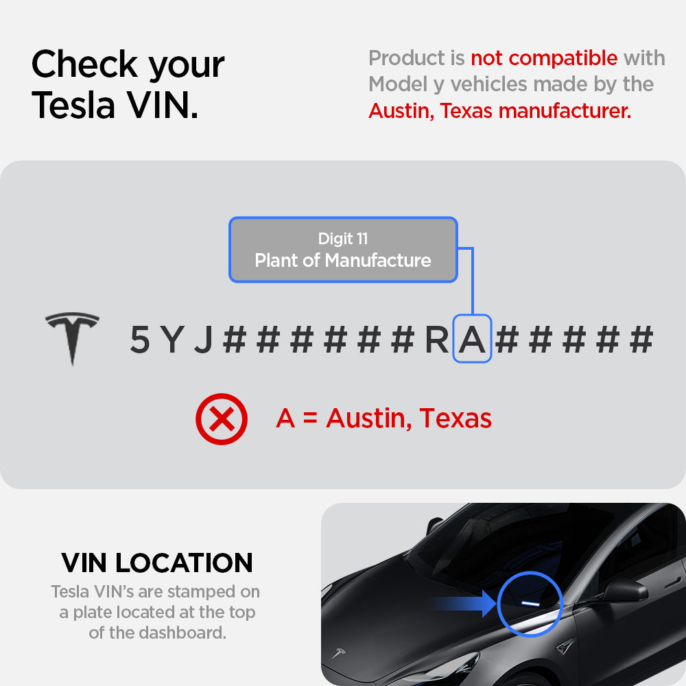 ACP07280 - Tesla Model Y & 3 Under Screen Organizer TO227 in Black showing it is not compatible with Model Y Vehicles made by Austin, Texas Manufacturer.  Check your Tesla VIN. 