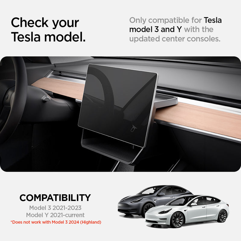 ACP07280 - Tesla Model Y & 3 Under Screen Organizer TO227 in Black showing the Check your Tesla model, only compatible for Tesla model 3 and Y with the updated center consoles compatible with Model 3 2021-2023 and Model Y 2021-current but does not work with Model 3 2024 (Highland)