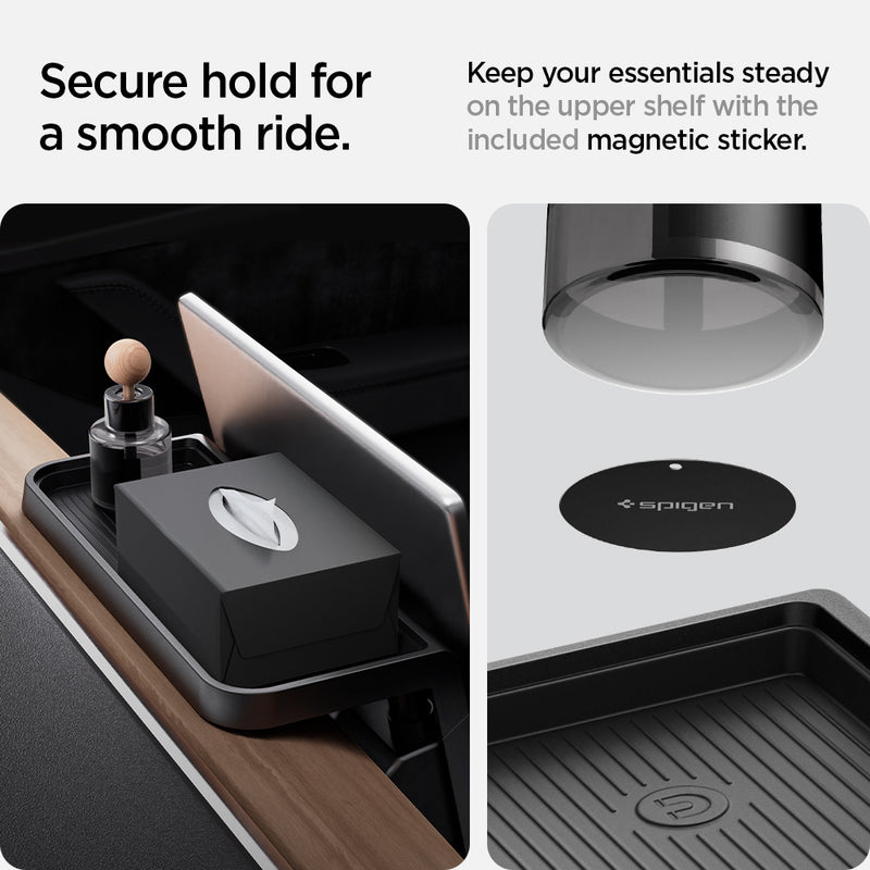 ACP07280 - Tesla Model Y & 3 Under Screen Organizer TO227 in Black showing the Secure hold for a smooth ride, keep your essentials steady on the upper shelf with the included magnetic sticker