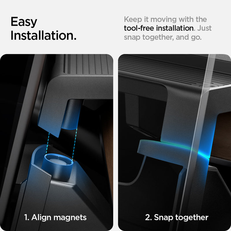 ACP07280 - Tesla Model Y & 3 Under Screen Organizer TO227 in Black showing the Easy Installation, keep it moving with the tool-free installation. Just snap together, and go. 1. Align magnets 2 Snap together