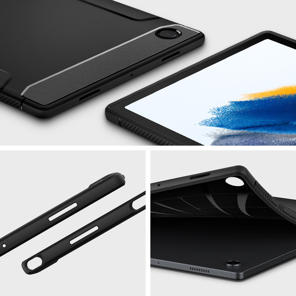 ACS04136 - Galaxy Tab A8 Case Rugged Armor in matte black showing detail and side.