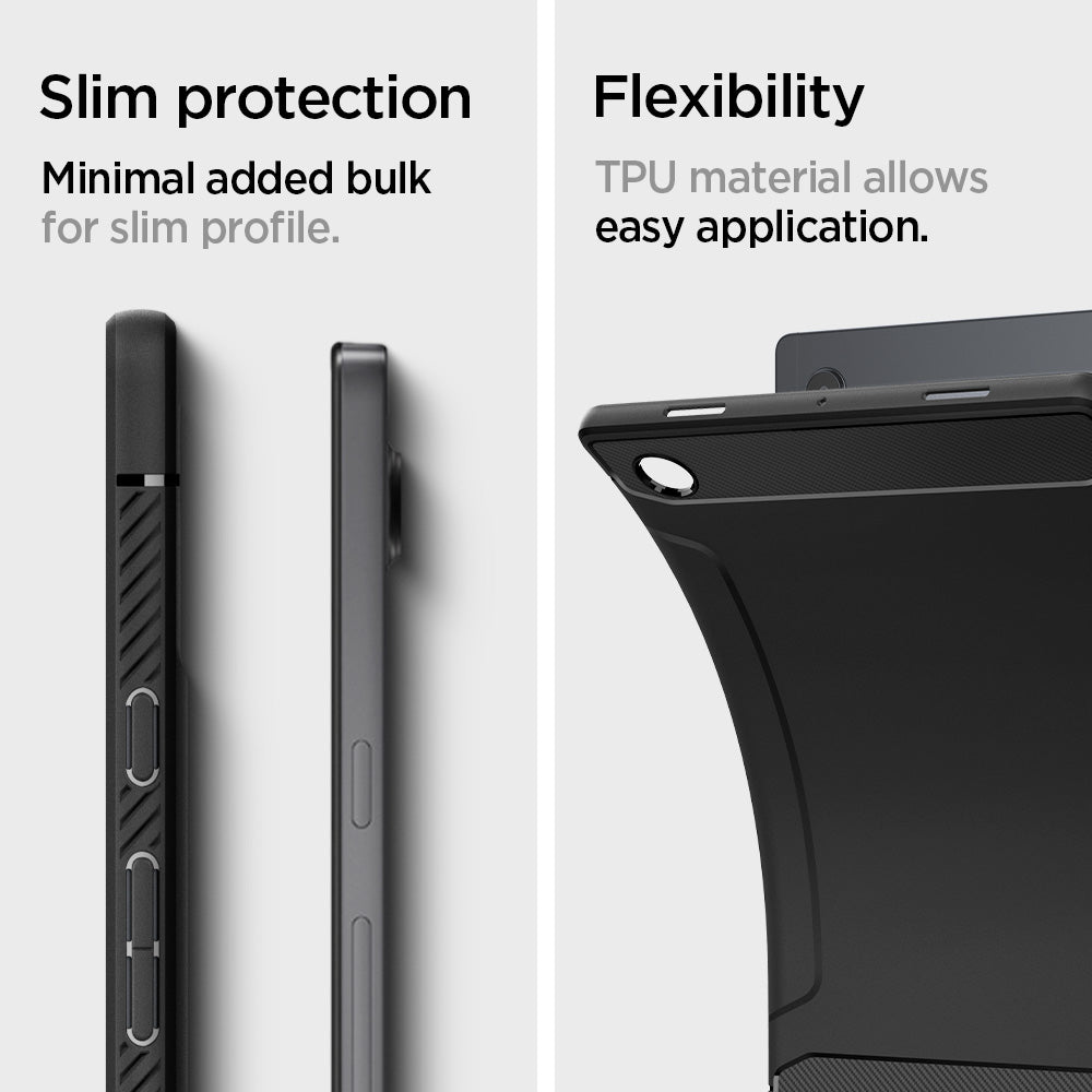 ACS04136 - Galaxy Tab A8 Case Rugged Armor in matte black slim protection. Minimal added bulk for slim profile. Flexibility. TPU material allows easy application.