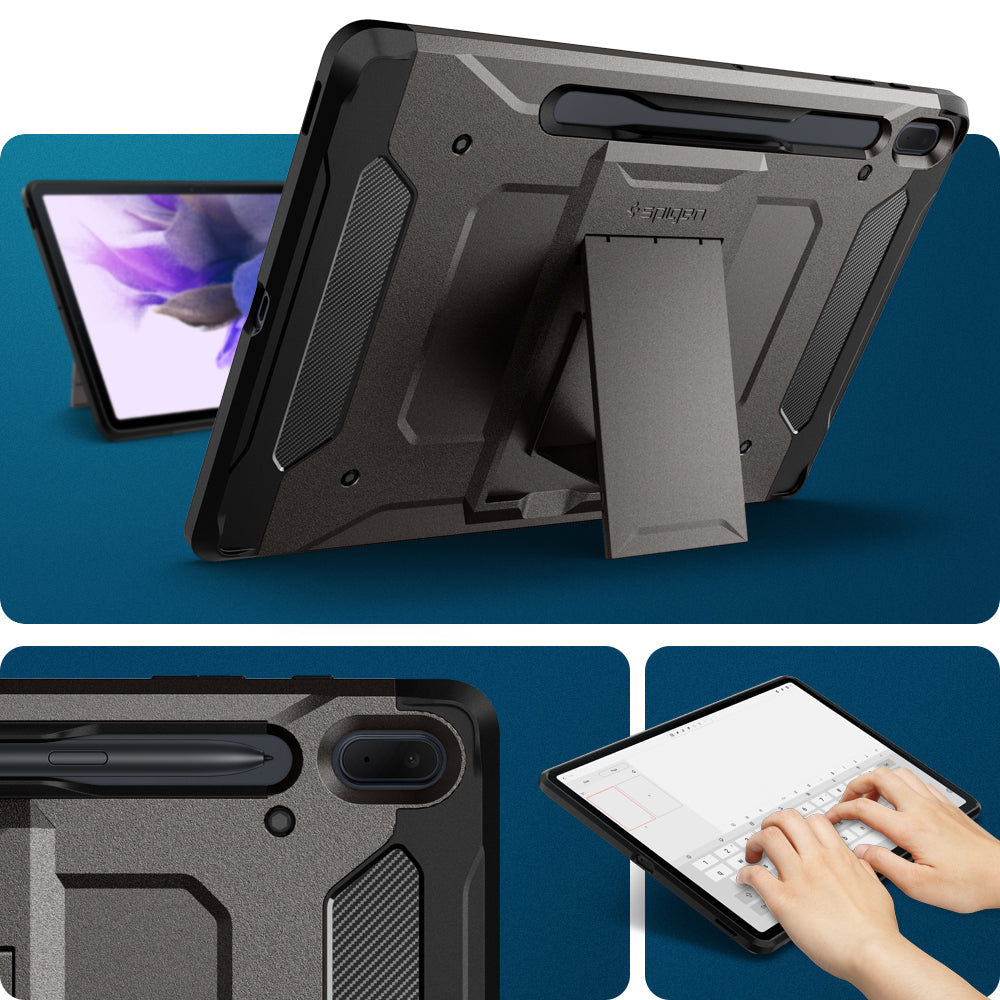 ACS03008 - Galaxy Tab S7 FE Case Tough Armor Pro in gunmetal showing front, back and side.