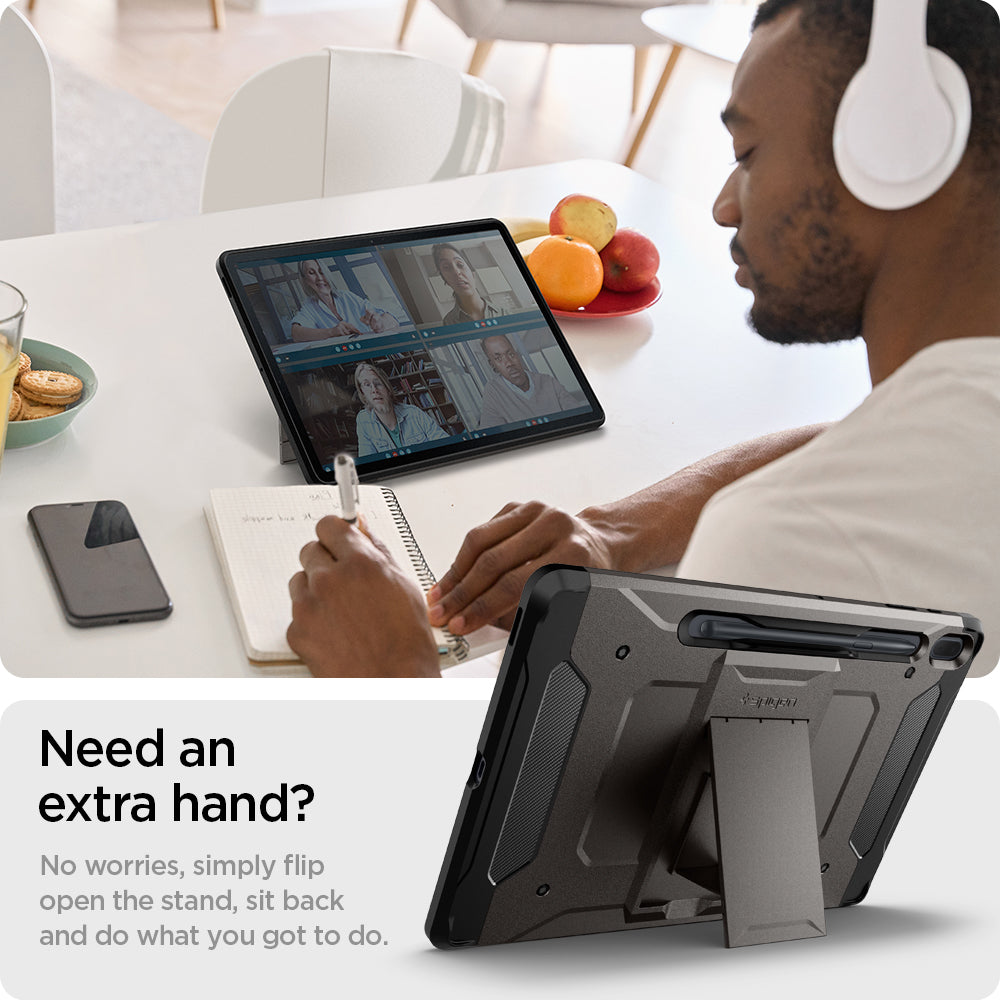 ACS03008 - Galaxy Tab S7 FE Case Tough Armor Pro in gunmetal need an extra hand? no worries simply flip open the stand sit back and do what you got to do.