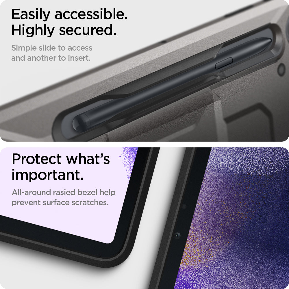 ACS03008 - Galaxy Tab S7 FE Case Tough Armor Pro in gunmetal easily accessible highly secured. Simply slide to access and another to insert. Protect what's important.  all around raised bezel help prevent surface scratches.