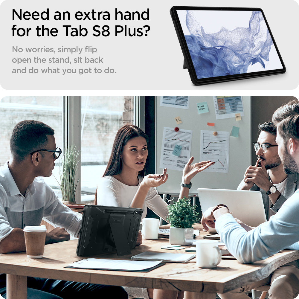 ACS01609 - Galaxy Tab S8 Plus Case Tough Armor Pro in black need an extra hand for the tab s8 plus? no worries simply flip open the stand sit back and do what you got to do.