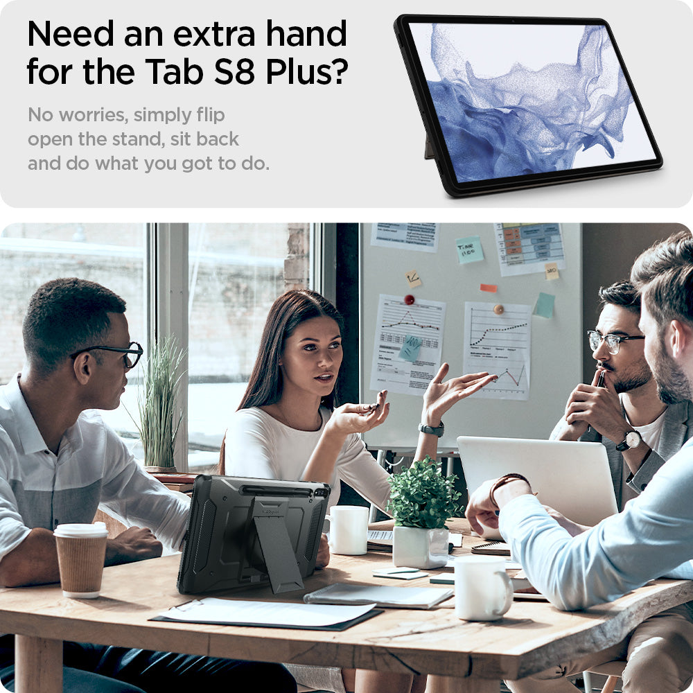 ACS01608 - Galaxy Tab S8 Plus Case Tough Armor Pro in gunmetal need an extra hand for the tab s8 plus? no worries simply flip open the stand sit back and do what you got to do.