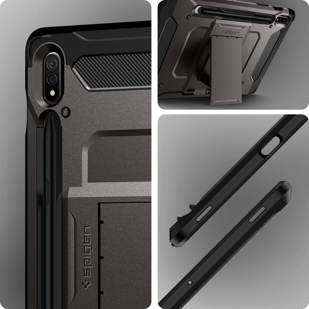 ACS01605 - Galaxy Tab S8 Case Tough Armor Pro in gunmetal showing front and back and side.