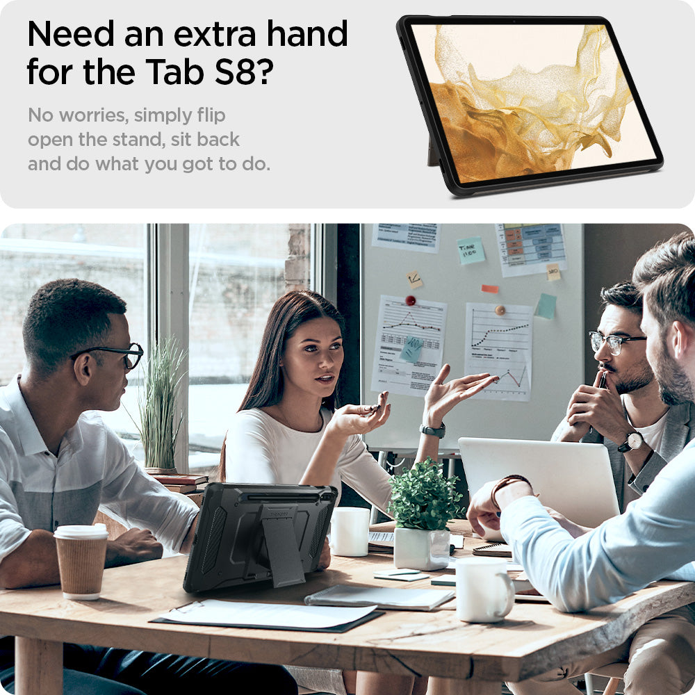 ACS01605 - Galaxy Tab S8 Case Tough Armor Pro in gunmetal need an extra hand for the tab s8 plus? no worries simply flip open the stand sit back and do what you got to do.