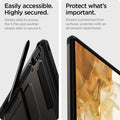 ACS01605 - Galaxy Tab S8 Case Tough Armor Pro in gunmetal easily accessible highly secured. Simply slide to access the S pen and another simple slide to secure it. Protect what's important. screen is protected from surface scratches with an all around raised bezel.