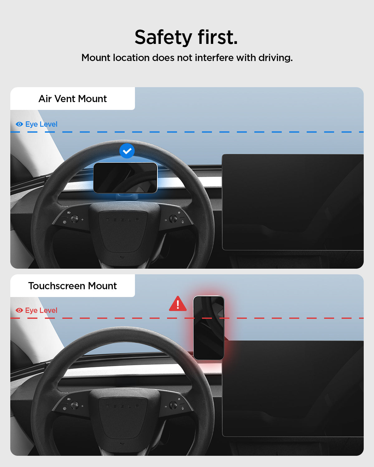 ACP10259 - Spigen Tesla Air Vent Dashboard Mount showing safe air vent placement compared to touchscreen mount