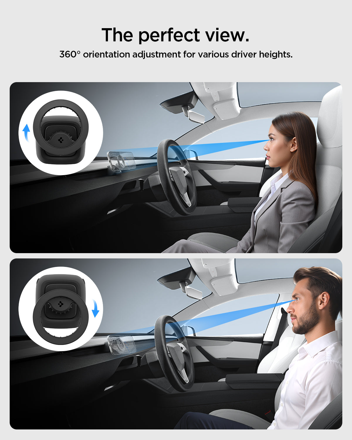ACP10259 - Spigen Tesla Air Vent Dashboard Mount showing eye level viewing angle for different driver heights