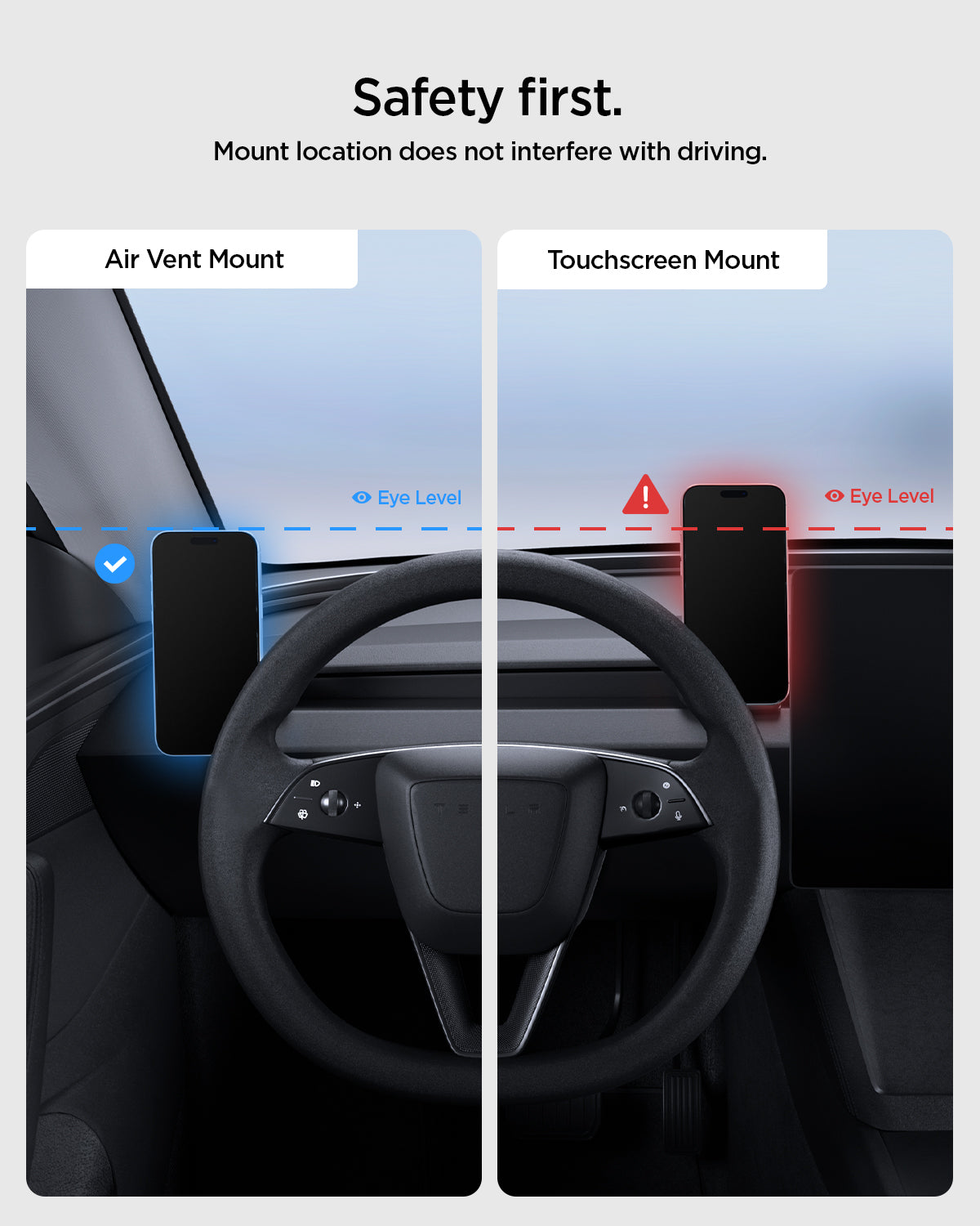 ACP11873 - Comparison showing the Spigen air vent mount positions a phone below eye level while a touchscreen-mounted phone sits at eye level, blocking the driver's view
