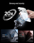 ACP11873 - Phone attaching to the Spigen Tesla air vent mount with a 20x N52 magnet strength graphic, compared to another brand's weaker magnetic hold