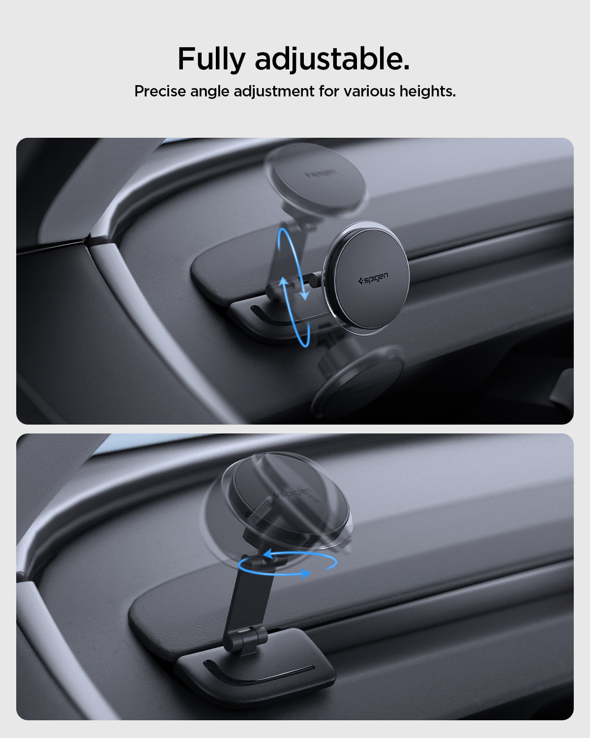 ACP11873 - Spigen Tesla air vent mount shown adjusting up and down and rotating side to side for a customized viewing angle