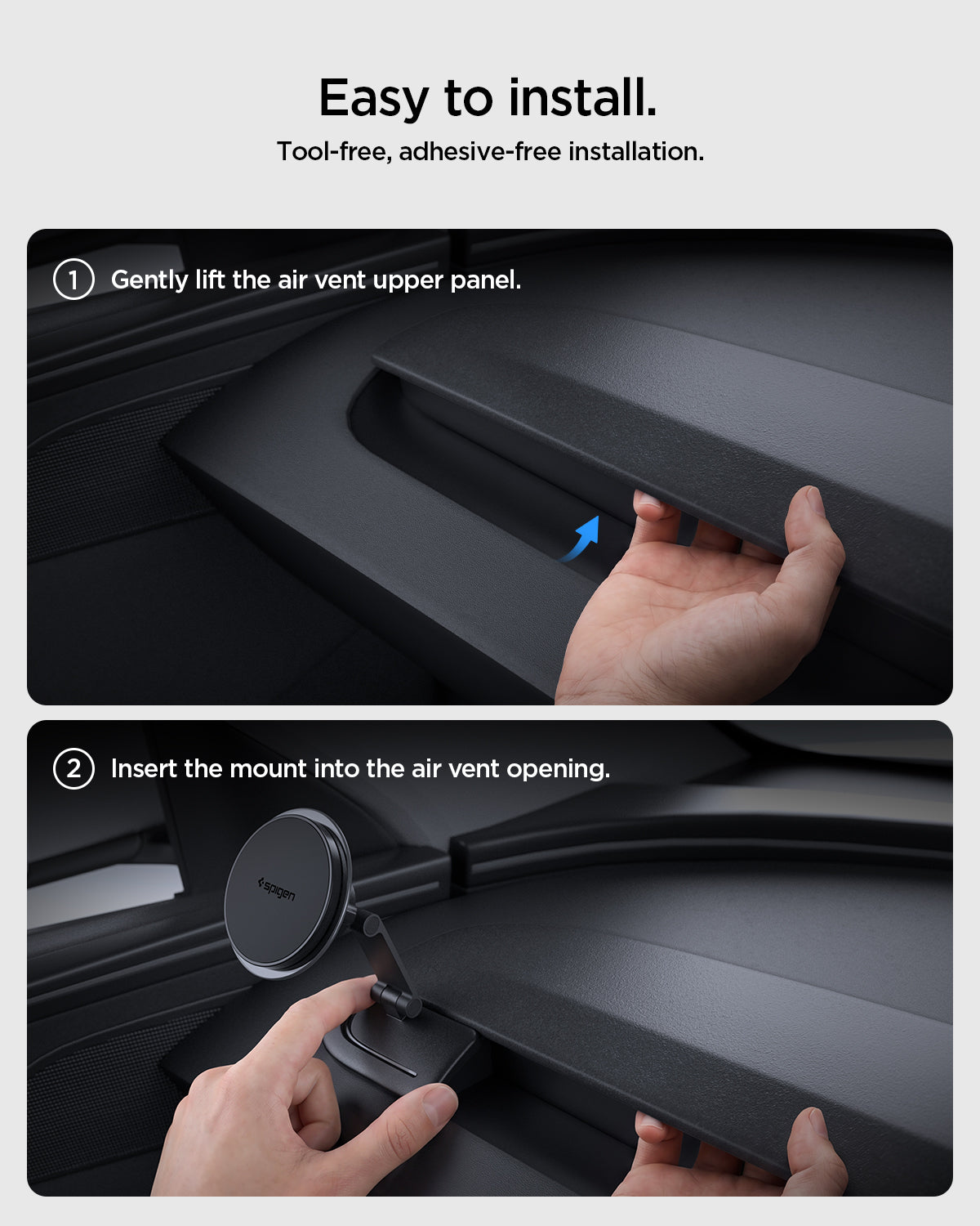ACP11873 - Two-step installation guide for the Spigen Tesla air vent mount: gently lift the air vent's upper panel, then insert the mount into the opening