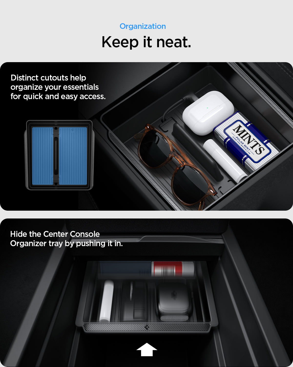 ACP10637 - Tesla Series - Center & Armrest Organizer Bundle showing the organization features