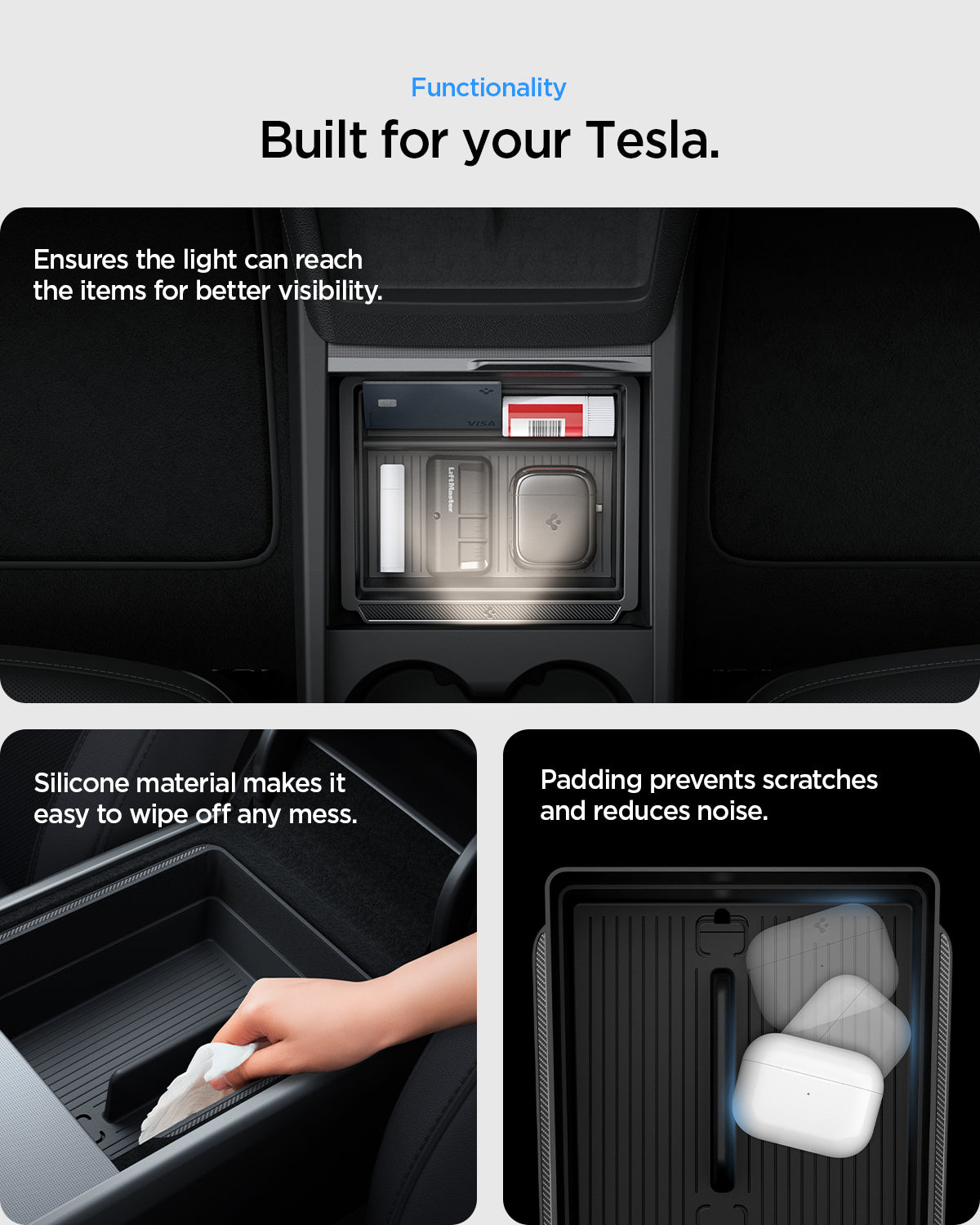 ACP10637 - Tesla Series - Center & Armrest Organizer Bundle showing the functionality