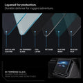 AGL07680 - Tesla Cybertruck (2024-2026) Screen Protector Glas.tR SLIM Anti-Glare (Rear) in Clear showing layered for protection. durable defense for rugged adventure. anti glare coating. 9H tempered glass, OCA layer, pet base, silicone resin, release film. 9H tempered glass. guard you display from scuffs and scratches.