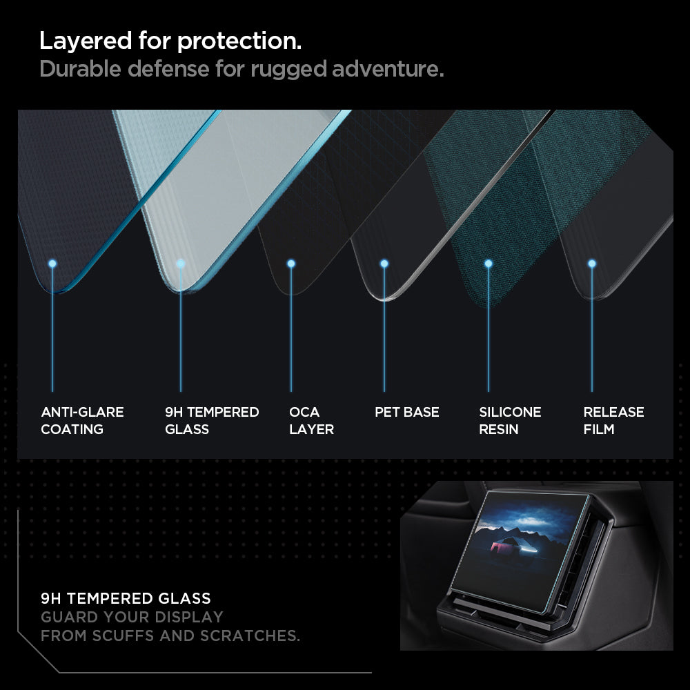 AGL07680 - Tesla Cybertruck (2024-2026) Screen Protector Glas.tR SLIM Anti-Glare (Rear) in Clear showing layered for protection. durable defense for rugged adventure. anti glare coating. 9H tempered glass, OCA layer, pet base, silicone resin, release film. 9H tempered glass. guard you display from scuffs and scratches.