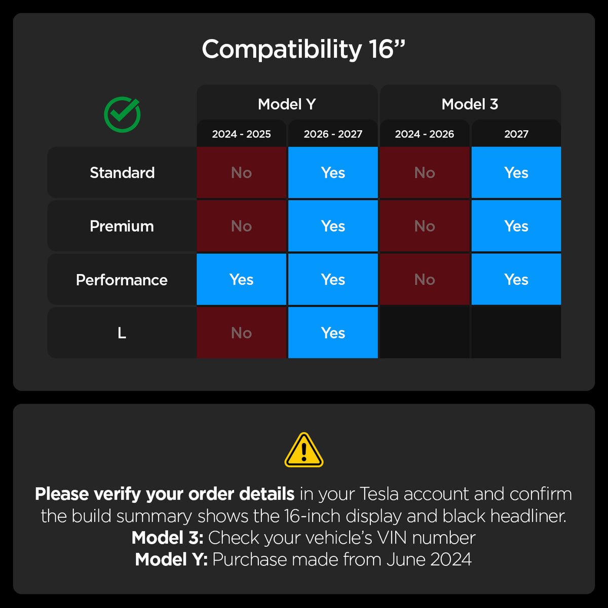 AGL10820 - Model Y Juniper (2025+) Screen Protector GLAS.tR EZ Fit | 16 inch showing a compatibility chart