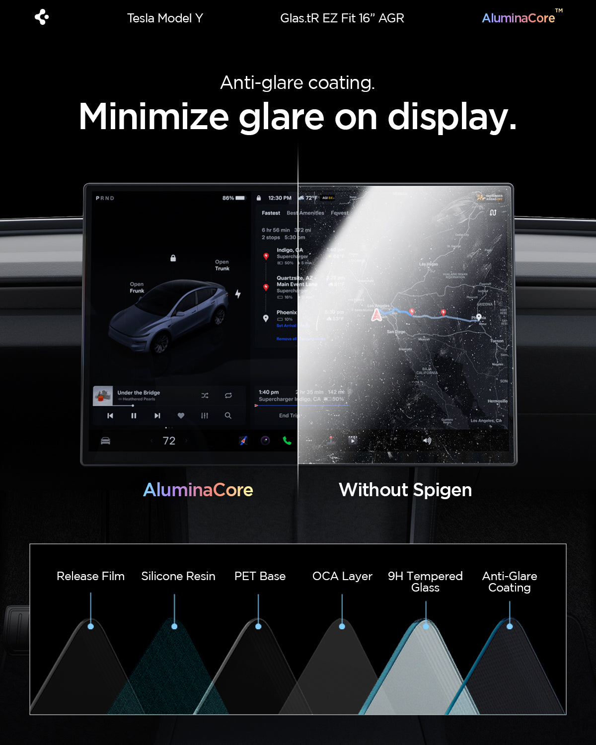 AGL10819 - Model Y Juniper (2025+) Screen Protector GLAS.tR EZ Fit | Anti-Glare 16 inch showing minimize glare on display.