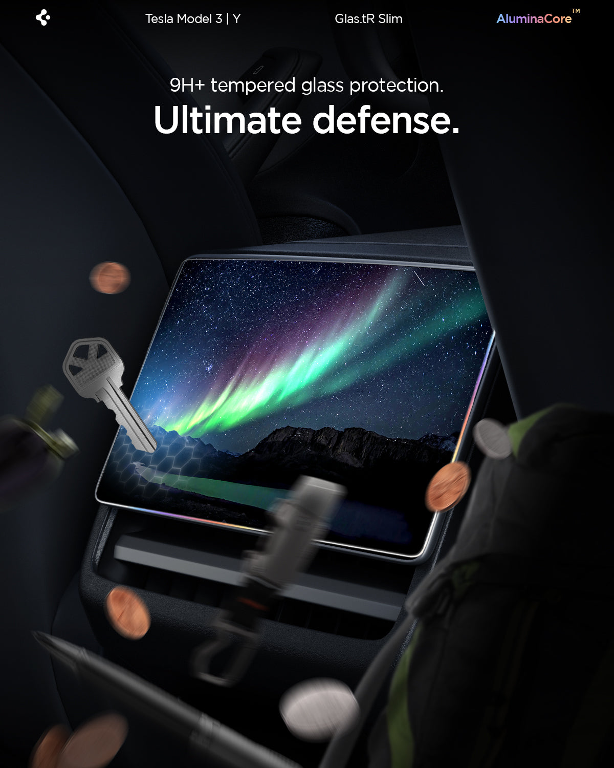 AGL10655 - Tesla Series Screen Protector Glas.tR SLIM (Rear) showcasing 9H+ tempered glass protection in a Tesla Model 3 Y.