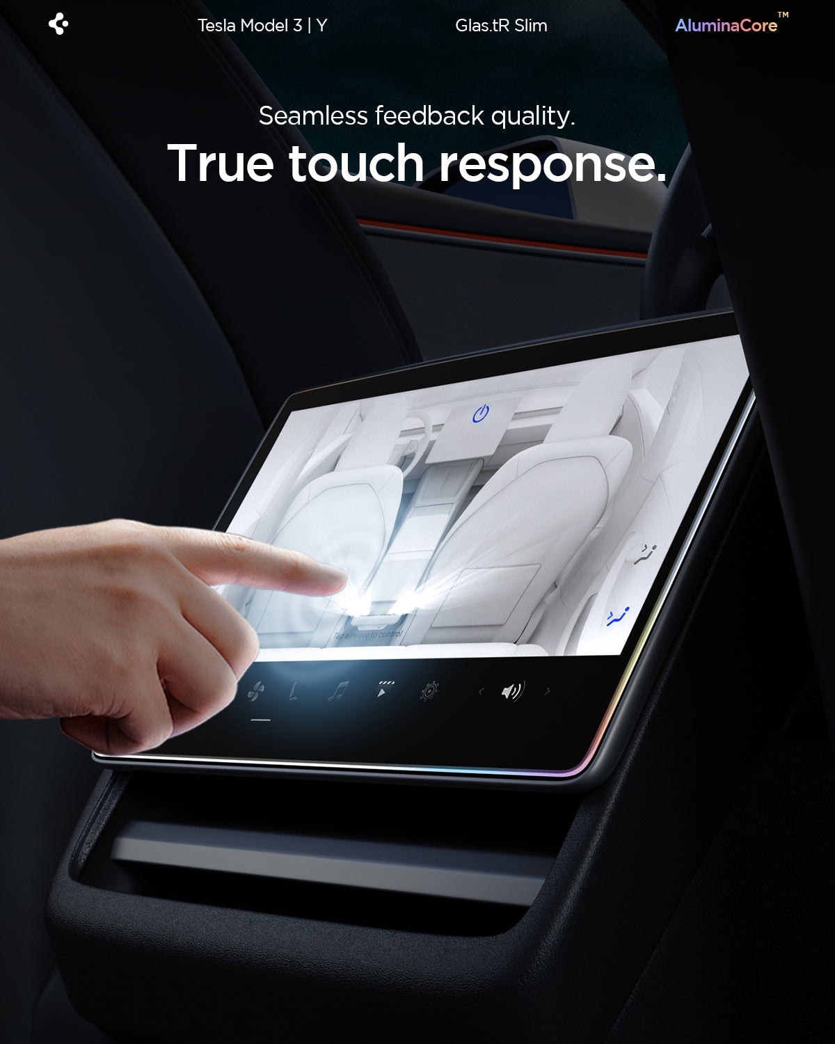 AGL10655 - Tesla Series Screen Protector Glas.tR SLIM (Rear) showing seamless touch response on Tesla Model 3 Y.