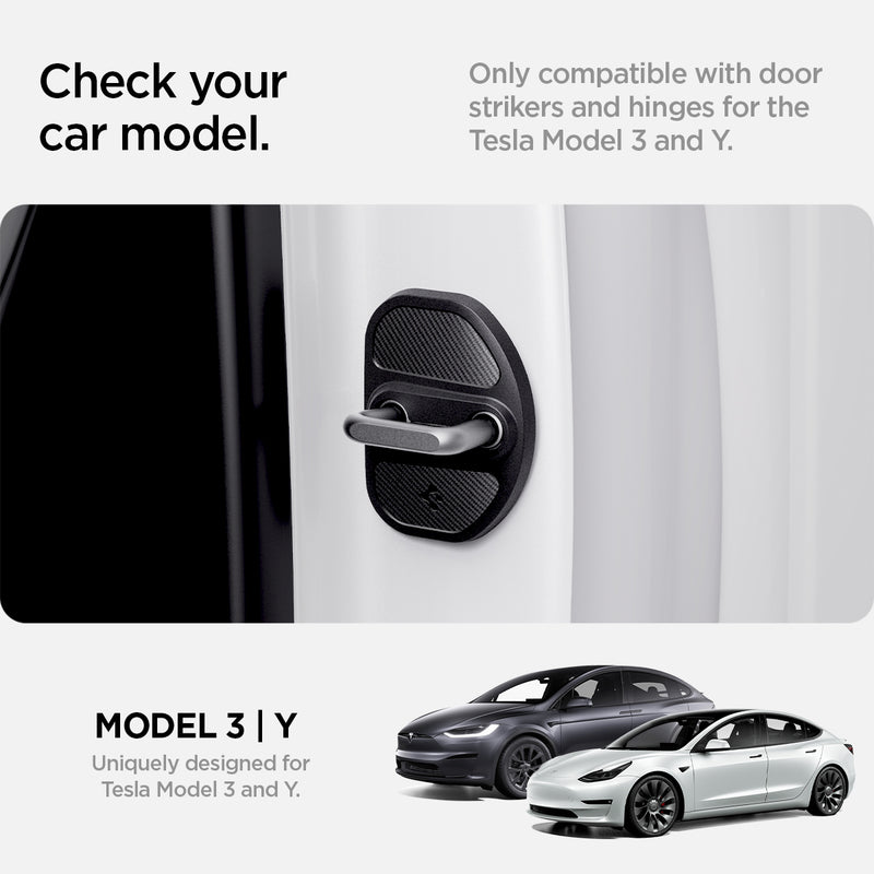 ACP07123 - Tesla Model Y & 3 Door Lock Cover TO320 in Black showing the check you car model. Only compatible with door striker and hinges and only designed for Tesla Model 3 and Y.