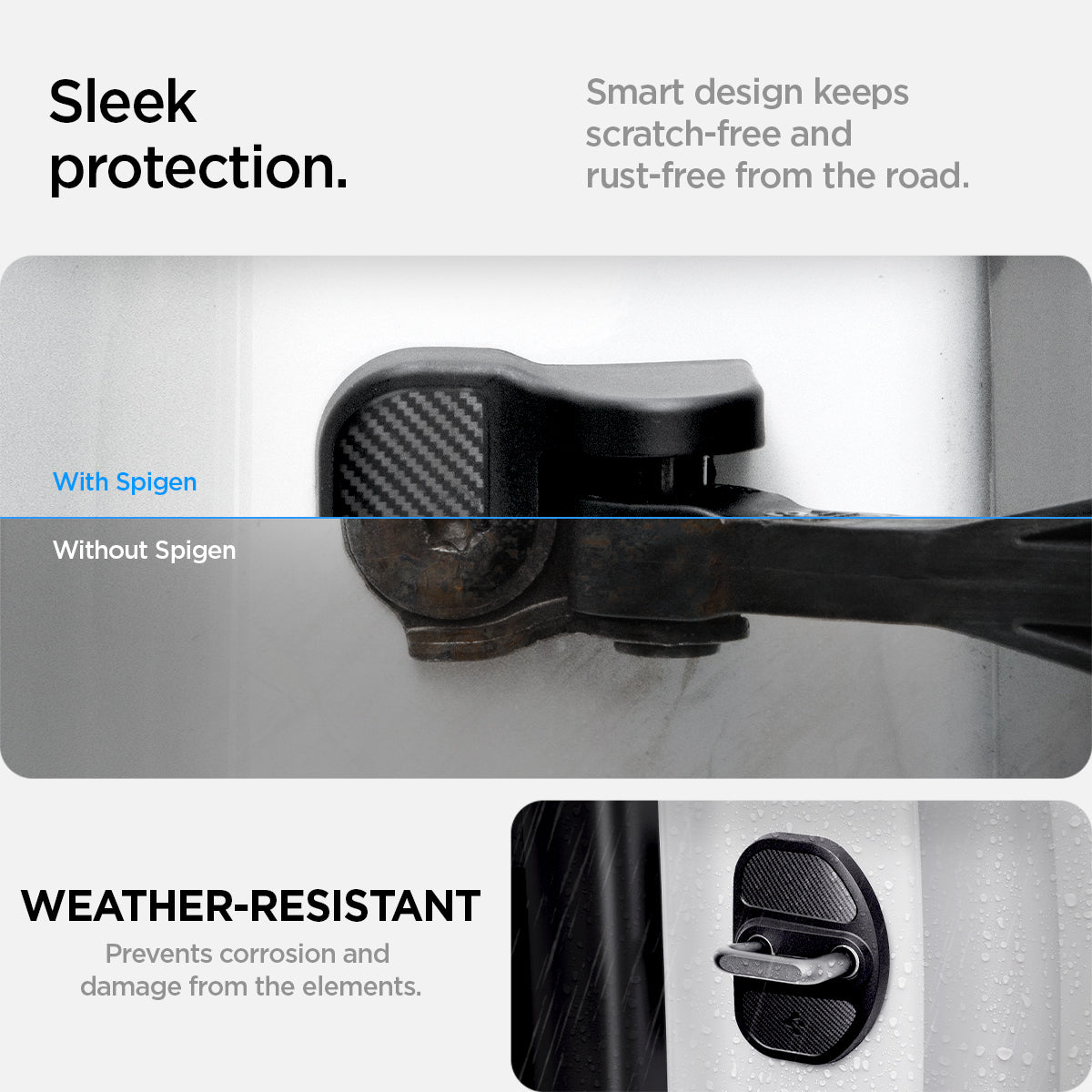 ACP07123 - Tesla Model Y & 3 Door Lock Cover TO320 in Black showing the sleek protection. Smart design keeps scratch-free and rust-free from the road. showing comparison between other brands vs spigen brand also a weather-resistant, prevents corrosion and damage from the elements