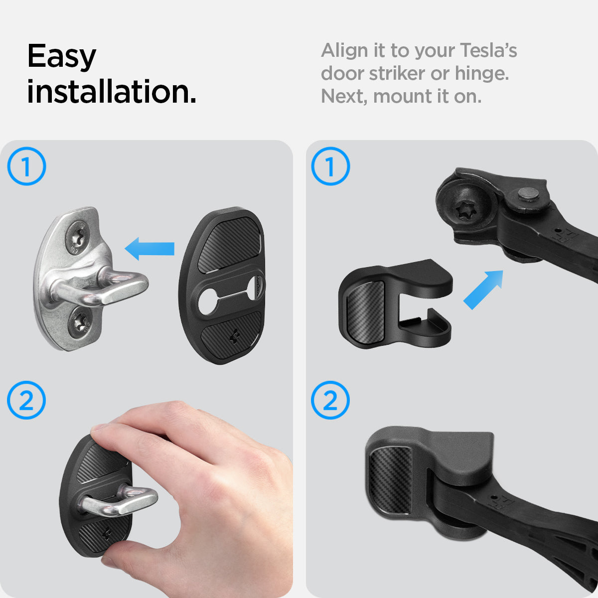 ACP07123 - Tesla Model Y & 3 Door Lock Cover TO320 in Black showing the easy installation. Align it to your Tesla's door striker or hinge. Next mount it on.