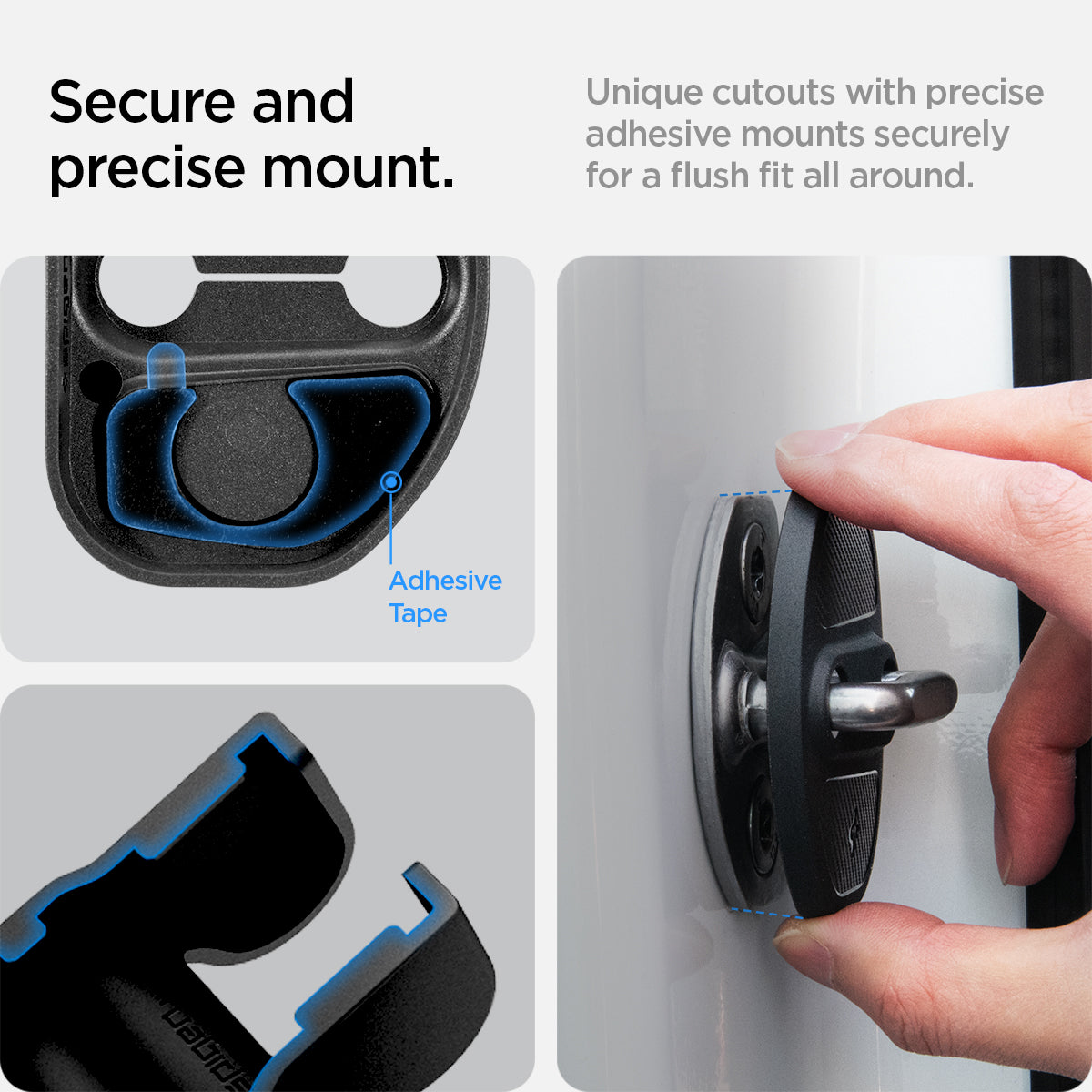 ACP07123 - Tesla Model Y & 3 Door Lock Cover TO320 in Black showing the secure and precise mount. Unique cutouts with precise adhesive mounts securely for a flush fit all around